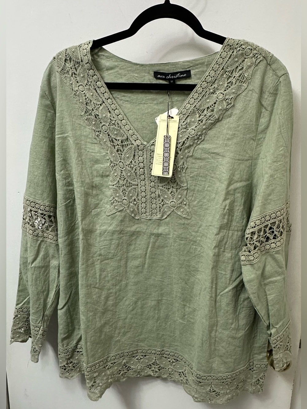 Ava Christine Sage Crochet-Trim V-Neck Blouse